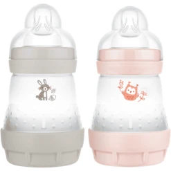 MAM Babyfles Easy Start Anti-koliek-Elementen 160 Ml 2 Stuks Konijn/uil In Grijs/roze