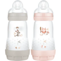MAM Babyfles Easy Start Anti-koliek-Elementen 260 Ml 2 Stuks Konijn/uil In Grijs/roze