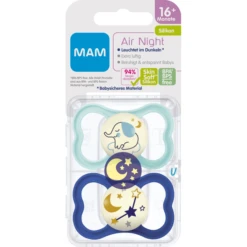 MAM Fopspeen Air Night Silicone, 16+ Maanden, 2st, Olifant/Stars -Kleintje Luxe mam fopspeen air night silicone 16 maanden 2st olifant stars a382605 2