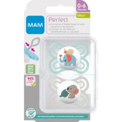 MAM Fopspeen Perfect Silicone, 0-6 Maanden, 2st, Elefant/Koala -Kleintje Luxe mam fopspeen perfect silicone 0 6 maanden 2st elefant koala a382484 2