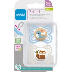 MAM Fopspeen Perfect Silicone, 0-6 Maanden, 2st, Walvis/wasbeer -Kleintje Luxe mam fopspeen perfect silicone 0 6 maanden 2st walvis wasbeer a382477 2