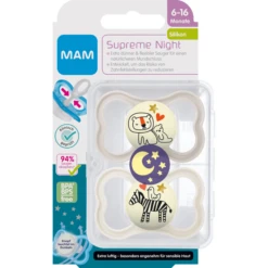 MAM Fopspeen Supreme Night Silicone, 6-16 Maanden, 2 Stuks, Leeuw/Zebra -Kleintje Luxe mam fopspeen supreme night silicone 6 16 maanden 2 stuks leeuw zebra a382646 2