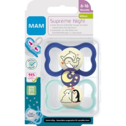MAM Fopspeen Supreme Night Silicone, 6-16 Maanden, 2st, Walvis/beer -Kleintje Luxe mam fopspeen supreme night silicone 6 16 maanden 2st walvis beer a382644 2