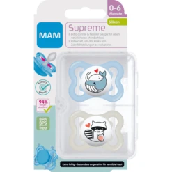 MAM Fopspeen Supreme Silicone, 0-6 Maanden, 2st, Walvis/wasbeer -Kleintje Luxe mam fopspeen supreme silicone 0 6 maanden 2st walvis wasbeer a382618 2
