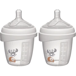 Nip First Moments Wide Neck Bottle PP 150 Ml Incl. Brede Hals Speen Rond Met Anti-koliek Ventiel, Siliconen, Zuiggat S (langzame Drinkstroom) Krab In Dubbele Verpakking