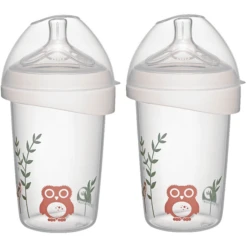 Nip First Moments Wide Neck Bottle PP 270 Ml Incl. Brede Hals Speen Rond Met Anti-koliek Ventiel, Siliconen, Zuiggat M (medium Flow) Uil In Dubbele Verpakking