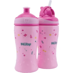 Nuby Nûby Drinkfles Met Rietje En Drinkfles Met Pop-Up Sluiting 360ml Combipack Vanaf 18 Maanden, Roze