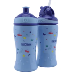 Nuby Nûby Drinkrietfles En Drinkfles Met Pop-Up Sluiting 360ml Vanaf 12 Maanden, Blauw, 2 Stuks